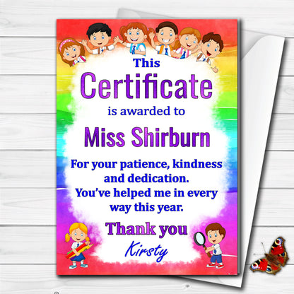 Personalised Thank you Teacher's Certificate Card Gift, End of Term