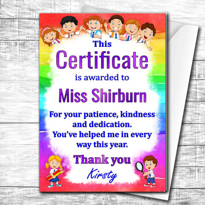 Personalised Thank you Teacher's Certificate Card Gift, End of Term