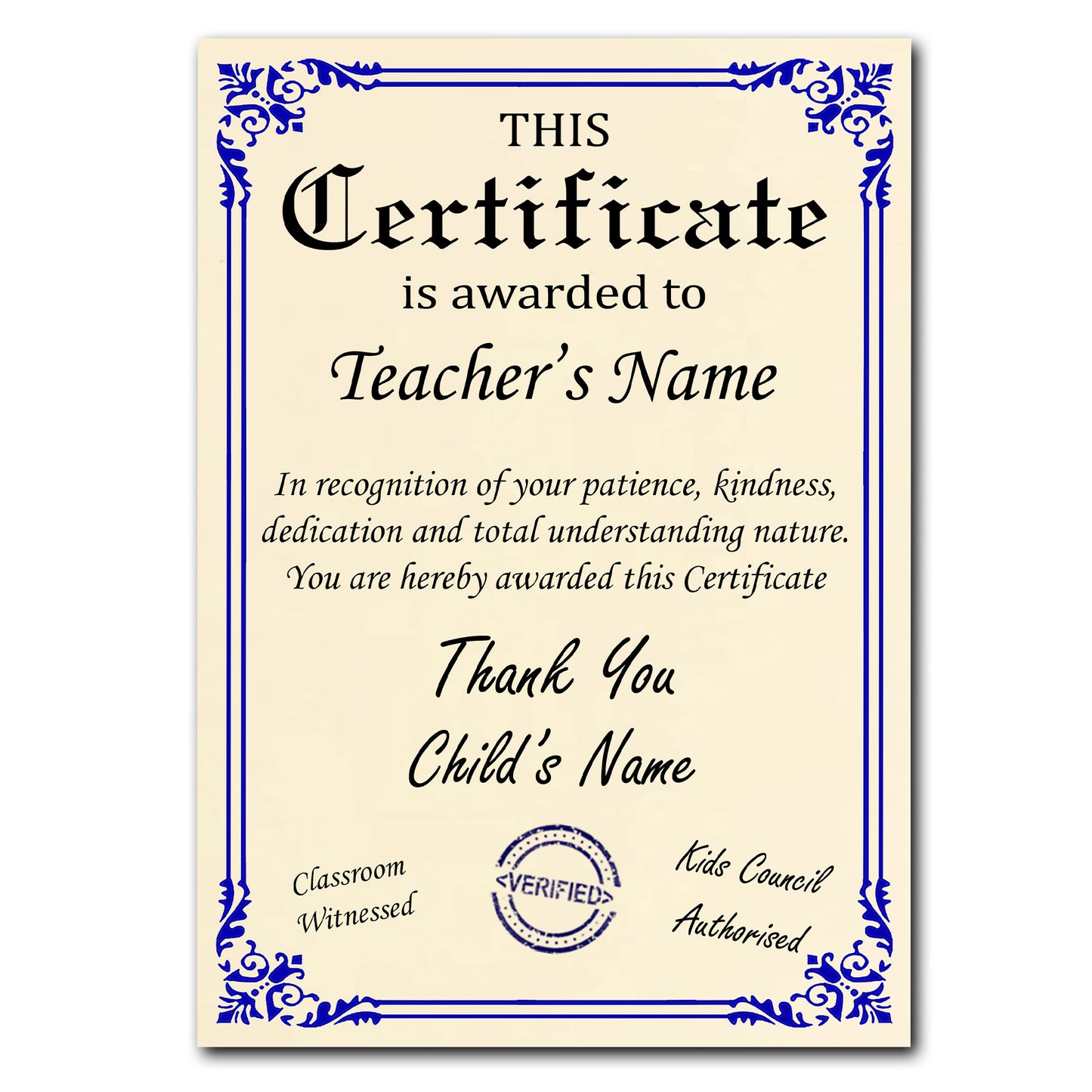 Personalised Thank you Teacher's Certificate Gift