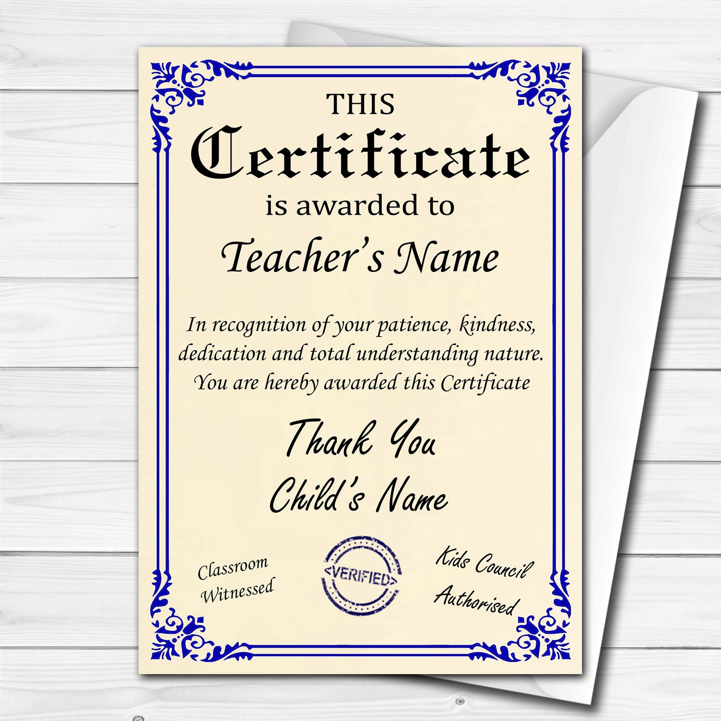 Personalised Thank you Teacher's Certificate Gift