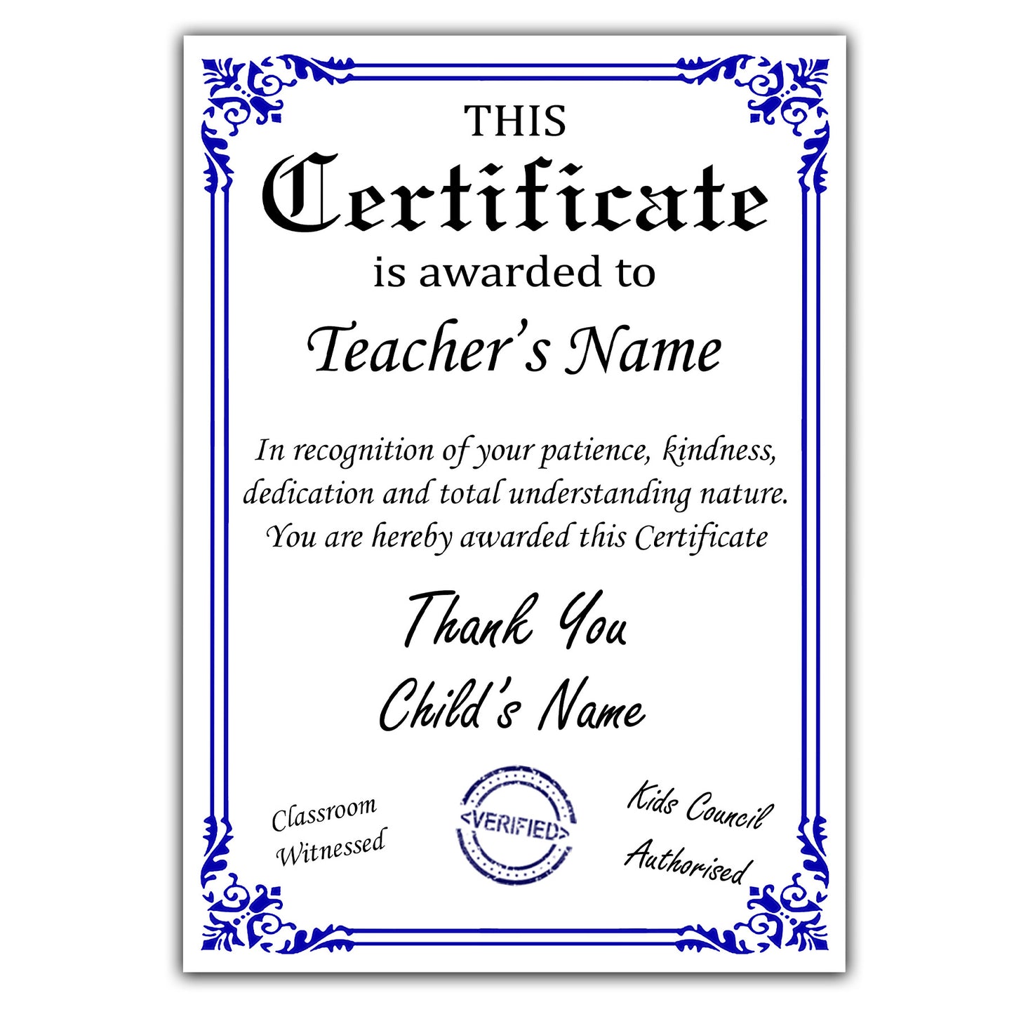 Personalised Thank you Teacher's Certificate Gift