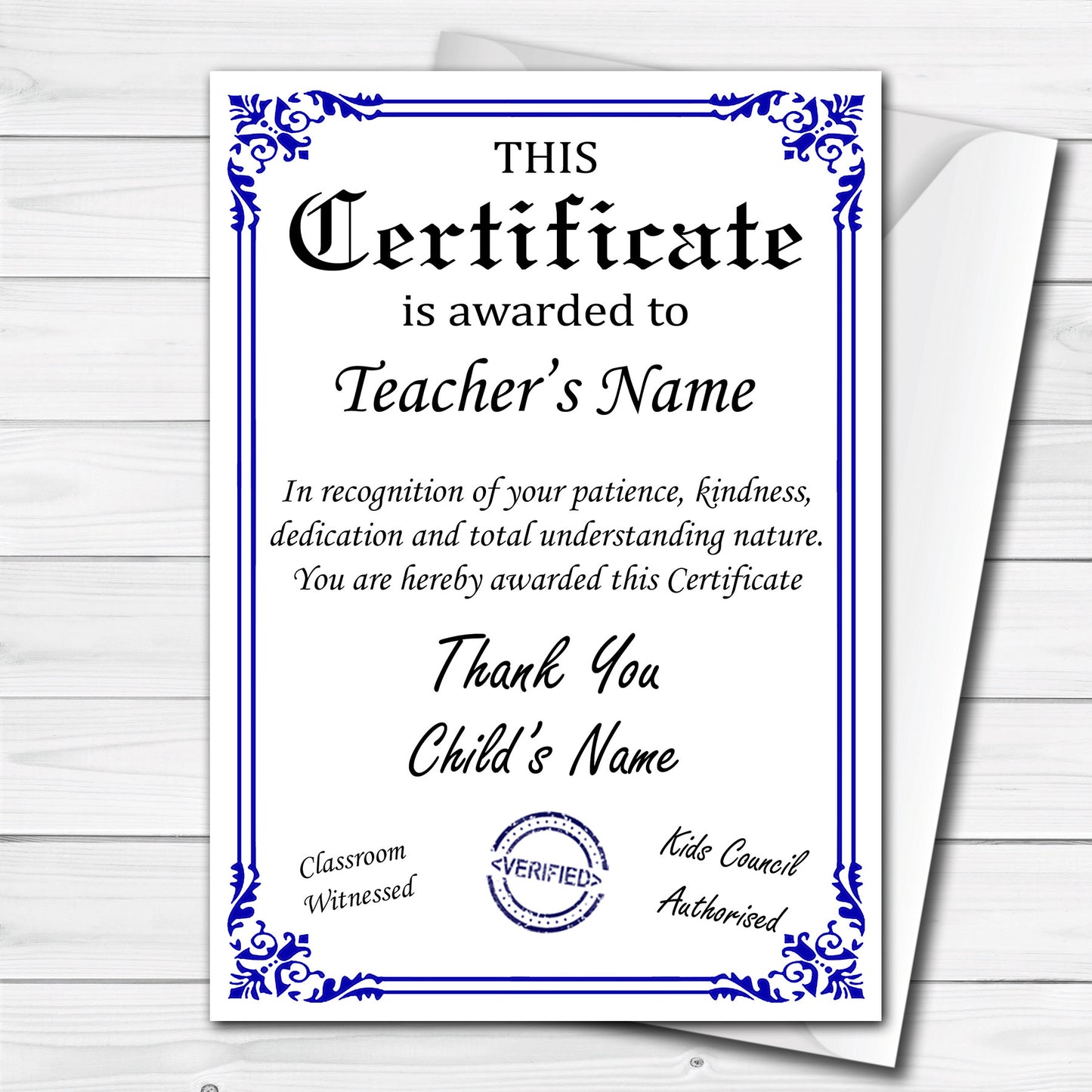 Personalised Thank you Teacher's Certificate Gift