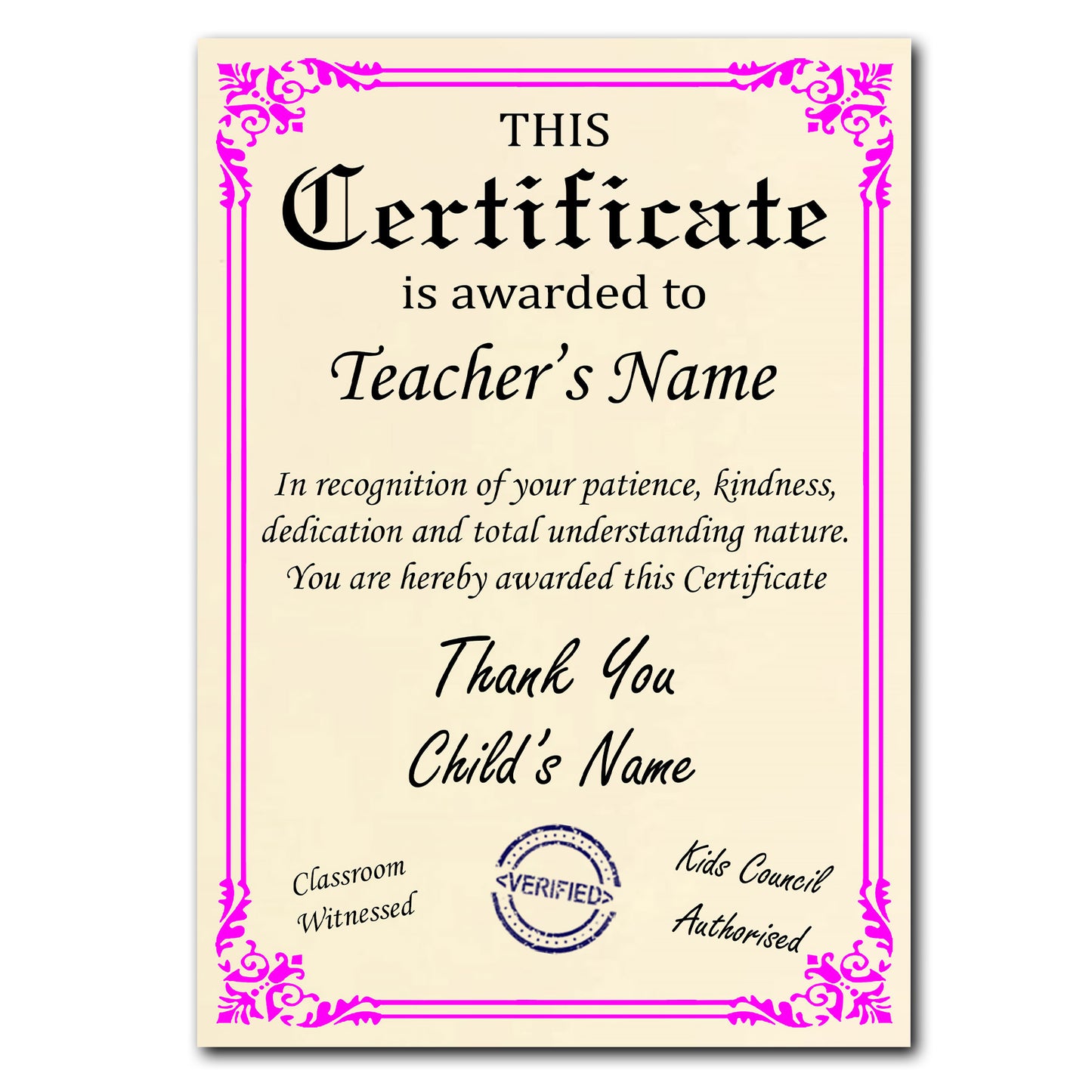 Personalised Thank you Teacher's Certificate Gift