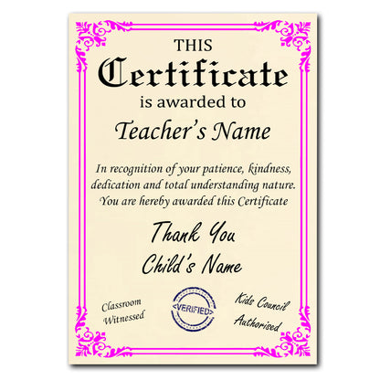 Personalised Thank you Teacher's Certificate Gift