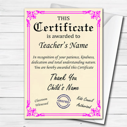 Personalised Thank you Teacher's Certificate Gift