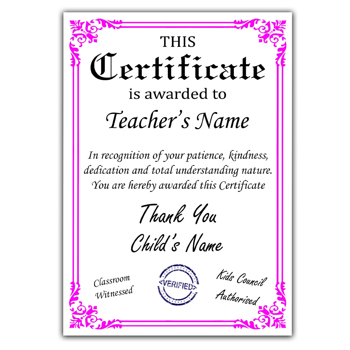 Personalised Thank you Teacher's Certificate Gift