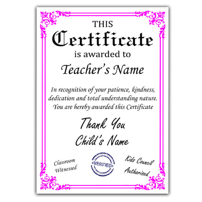 Personalised Thank you Teacher's Certificate Gift