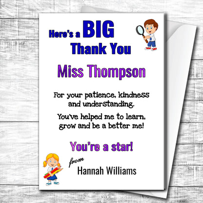 New Personalised Thank You Card For Teacher, Nursery etc. End of Term.