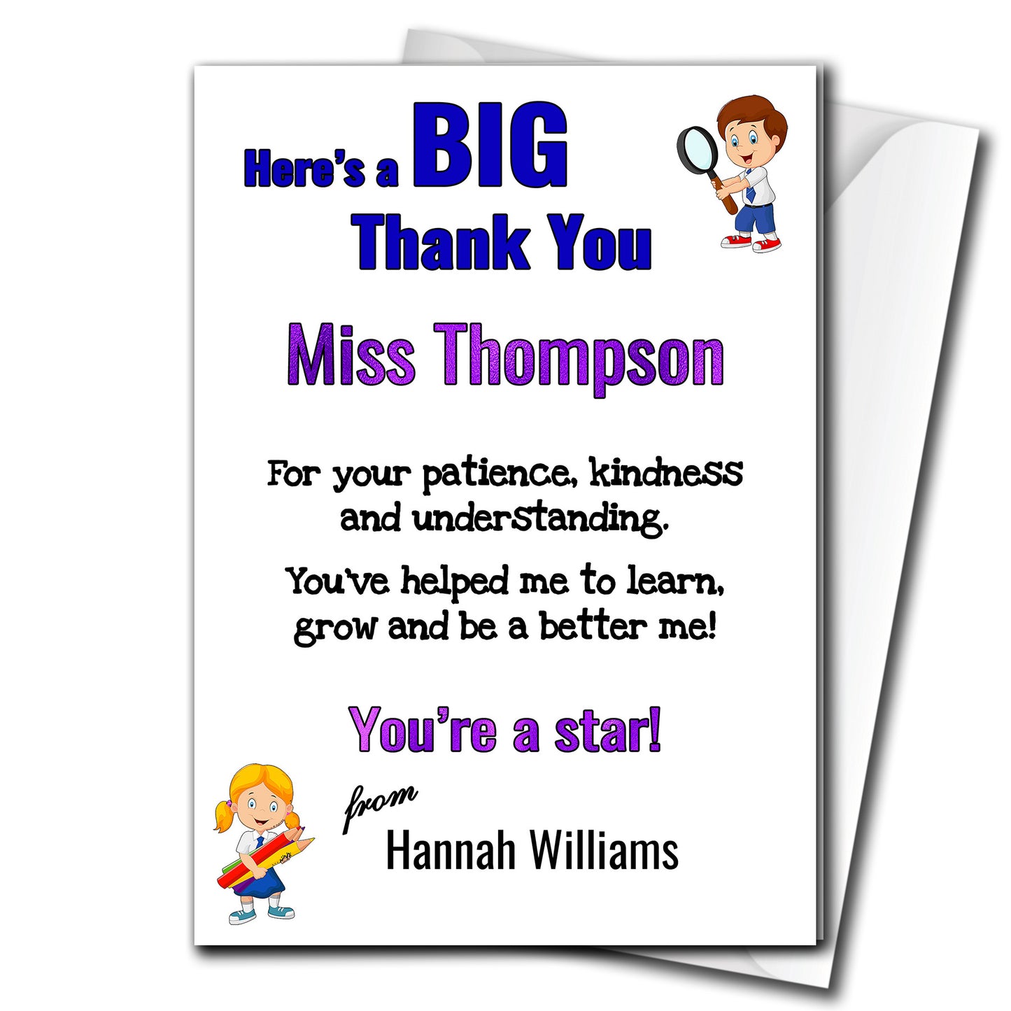 New Personalised Thank You Card For Teacher, Nursery etc. End of Term.