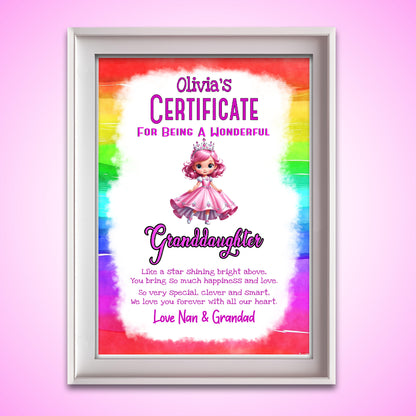 Granddaughter - Grandson Rainbow Certificate Print