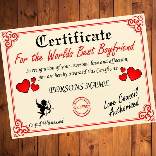 Worlds Best Boyfriend Personalised Certificate