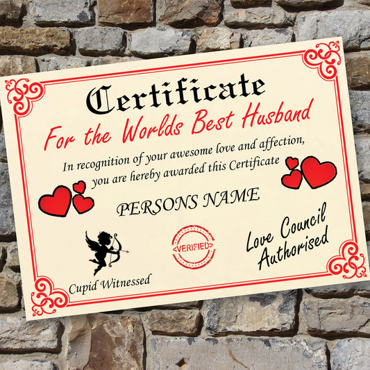 Worlds Best Husband Personalised Certificate