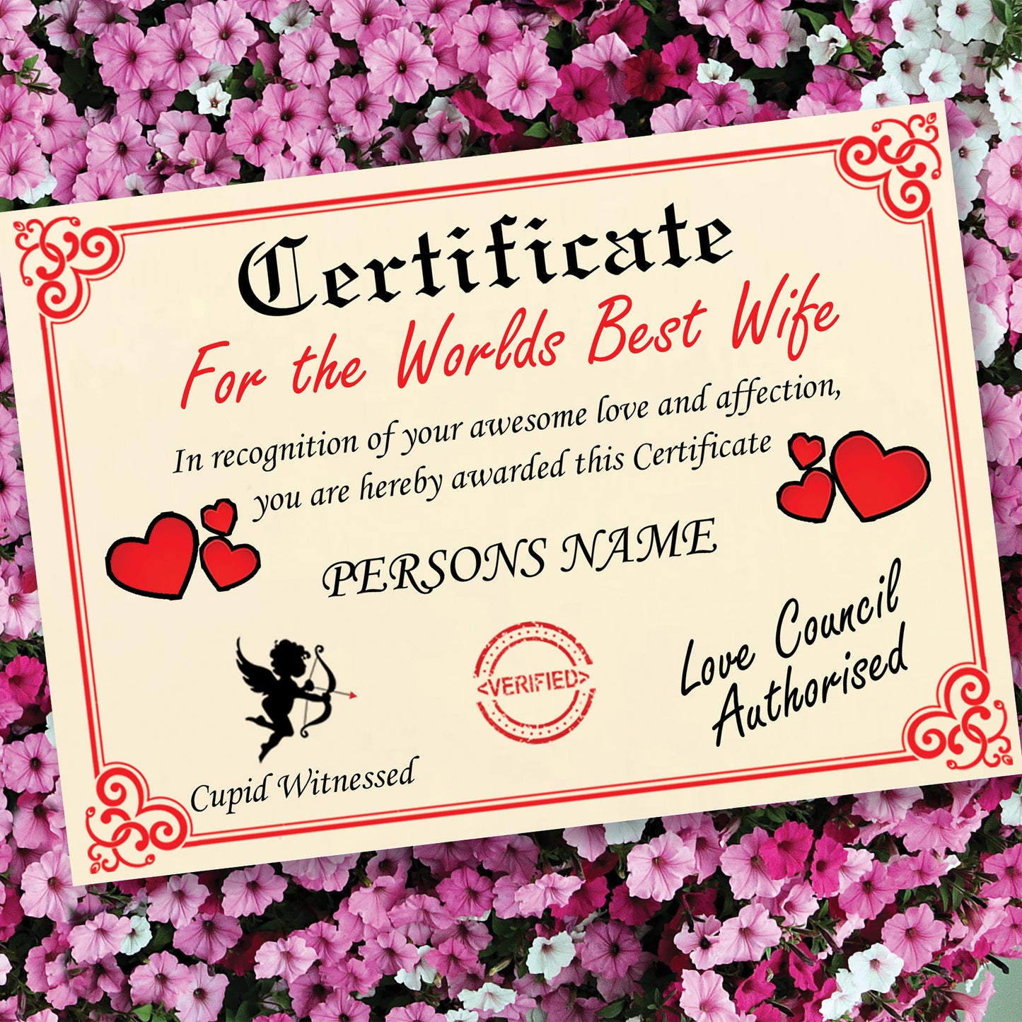 Worlds Best Wife Personalised Certificate