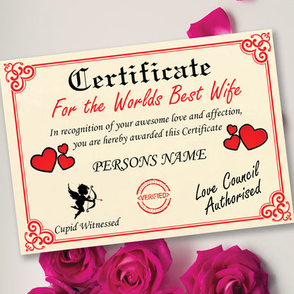 Worlds Best Wife Personalised Certificate