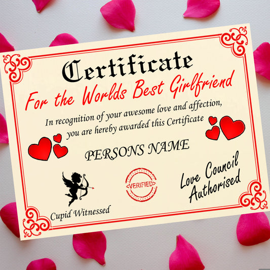 Worlds Best Girlfriend Personalised Certificate